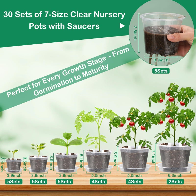 Jollidecor 30Pcs Clear Plastic Nursery Pots with Drainage Holes and Saucers, 2.8/3.1/3.5/3.9/5.1/5.9/7.1Inch Seedling Starter Pots with Tool for Indoor Outdoor Gardening Flower, Herb, Succulent Transplanting - Image 3