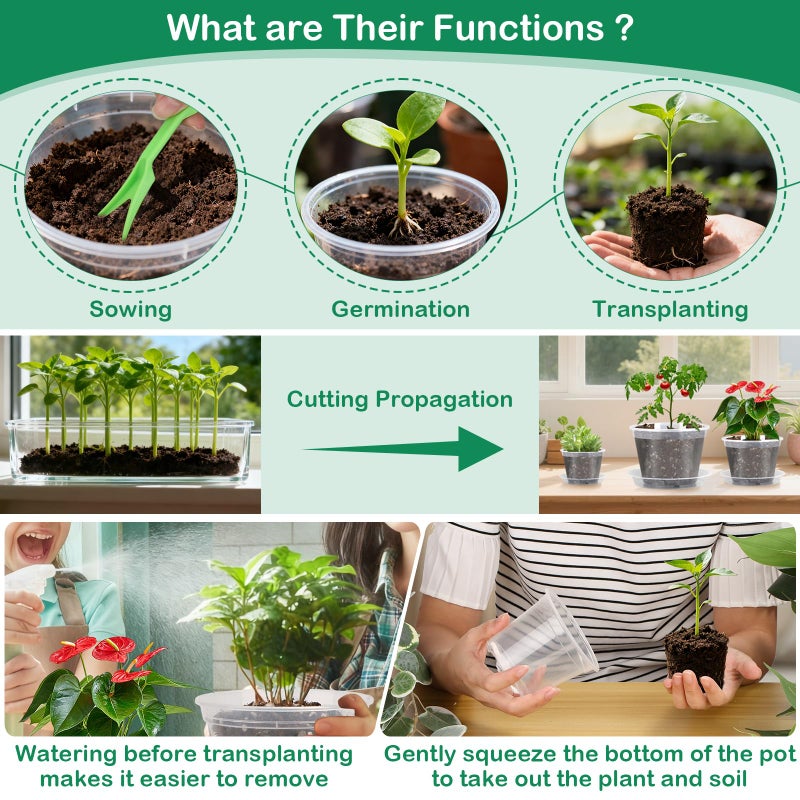 Jollidecor 30Pcs Clear Plastic Nursery Pots with Drainage Holes and Saucers, 2.8/3.1/3.5/3.9/5.1/5.9/7.1Inch Seedling Starter Pots with Tool for Indoor Outdoor Gardening Flower, Herb, Succulent Transplanting - Image 5