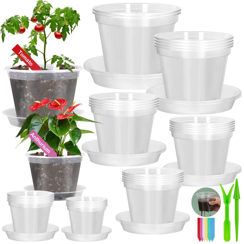 Jollidecor 30Pcs Clear Plastic Nursery Pots with Drainage Holes and Saucers, 2.8/3.1/3.5/3.9/5.1/5.9/7.1Inch Seedling Starter Pots with Tool for Indoor Outdoor Gardening Flower, Herb, Succulent Transplanting - Image 1