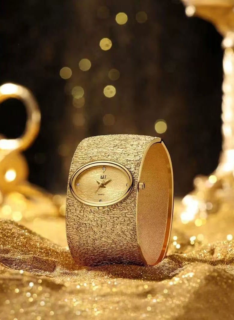 اي اس جيه ساعة ASJ النسائية الشهيرة بسوار ذهبي فاخر بنقشة لحاء الشجر، ساعة كوارتز نسائية بسيطة - Image 1