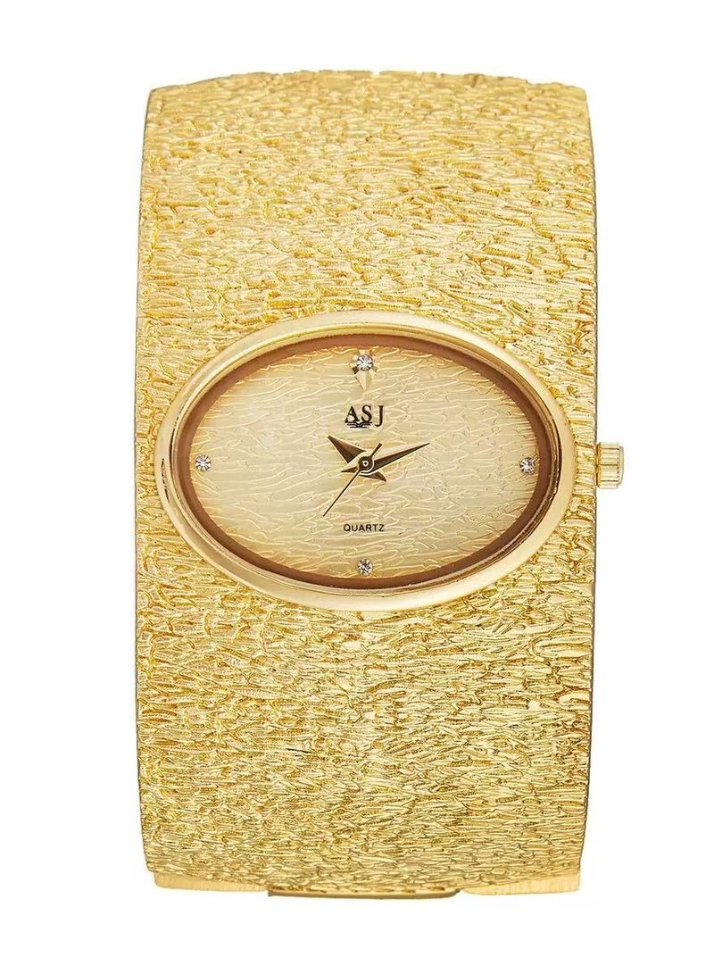 اي اس جيه ساعة ASJ النسائية الشهيرة بسوار ذهبي فاخر بنقشة لحاء الشجر، ساعة كوارتز نسائية بسيطة - Image 2