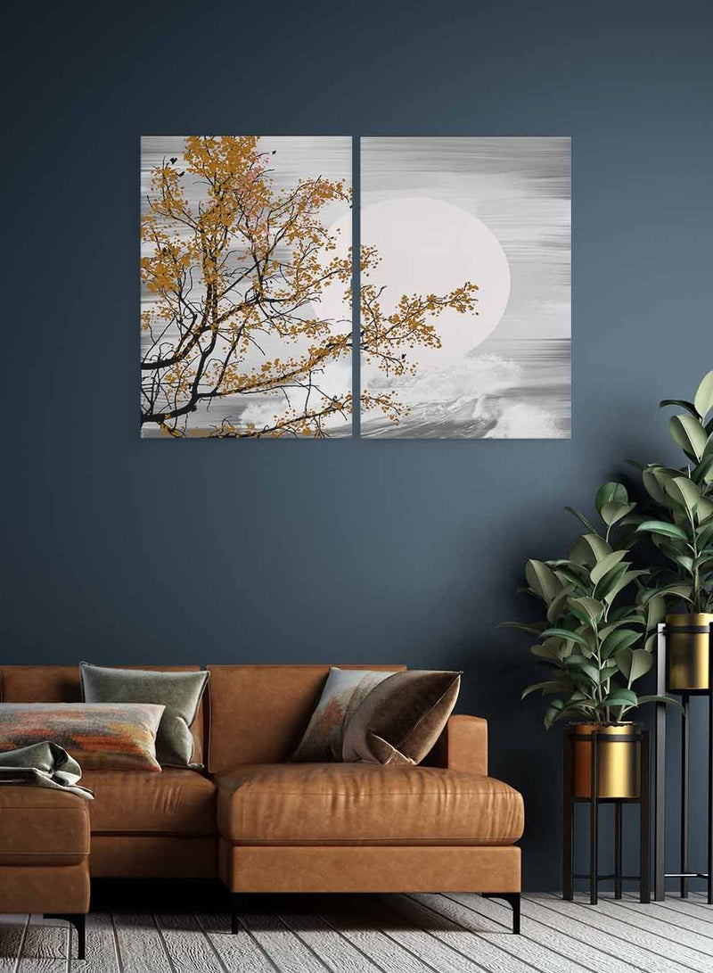 LOWHA Set of 2 Framed Canvas Wall Arts Stretched Over Wooden Frame, Tree and Moon Paintings, For Home, Living Room, Office Décor - Image 1