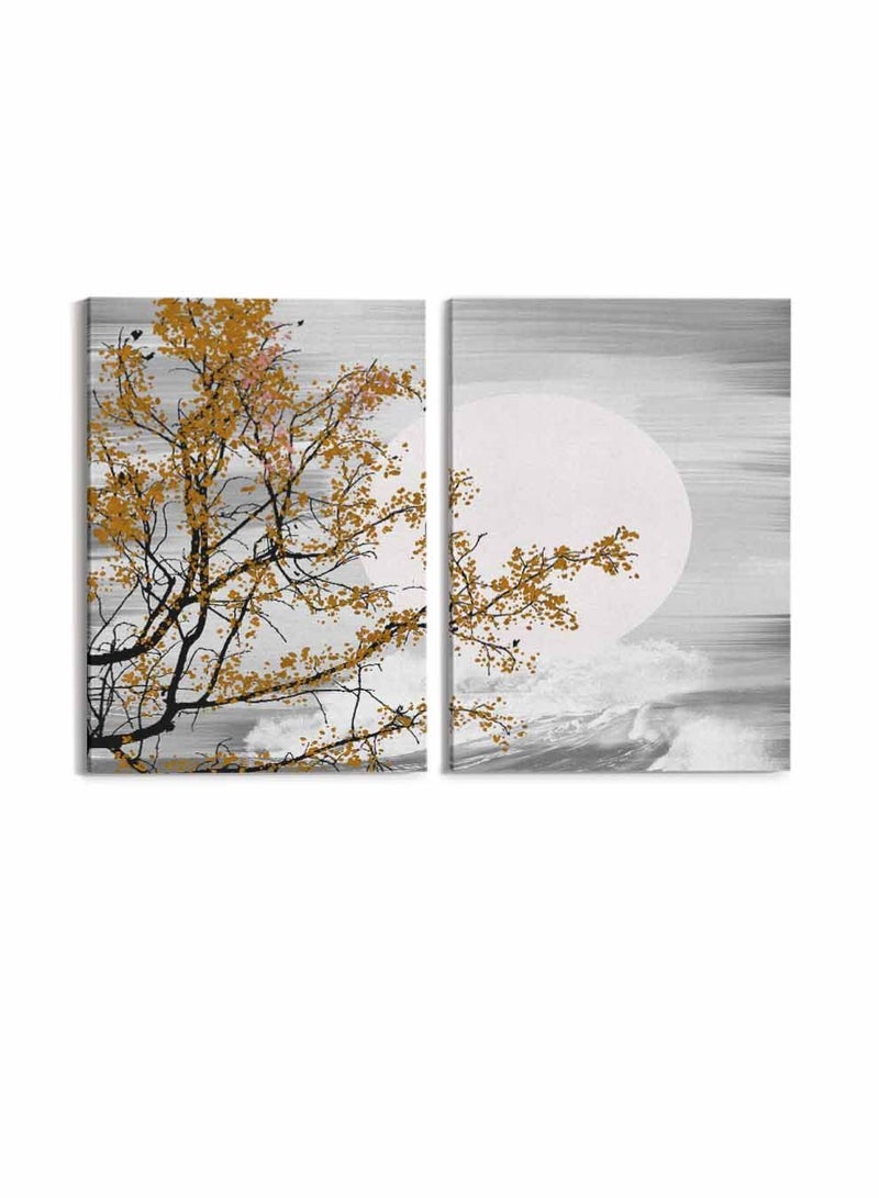 LOWHA Set of 2 Framed Canvas Wall Arts Stretched Over Wooden Frame, Tree and Moon Paintings, For Home, Living Room, Office Décor - Image 4
