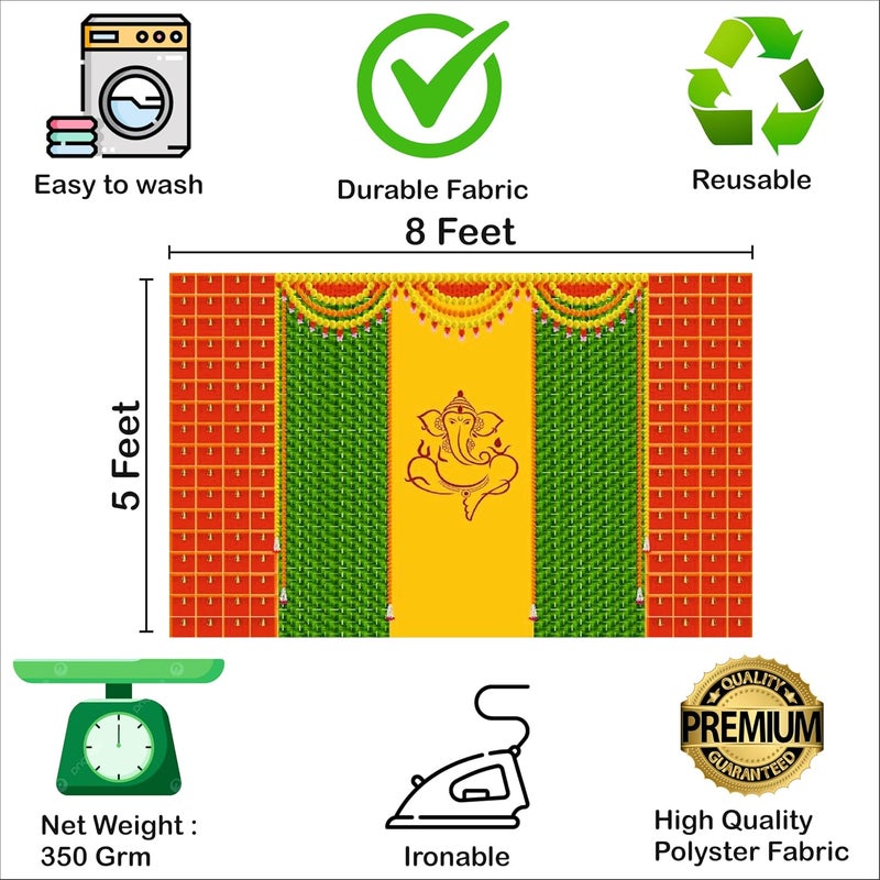 Party Baazaar Ganpati Backdrop for Pooja | Ganpati Decoration Setup for Home | Ganesh Puja Decoration Backdrop (Pack of 1, Multicolor, Size: 8x5 Feet) - Image 5