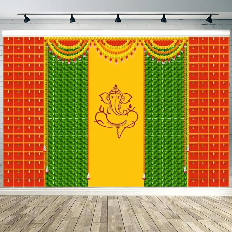 Party Baazaar Ganpati Backdrop for Pooja | Ganpati Decoration Setup for Home | Ganesh Puja Decoration Backdrop (Pack of 1, Multicolor, Size: 8x5 Feet) - Image 1