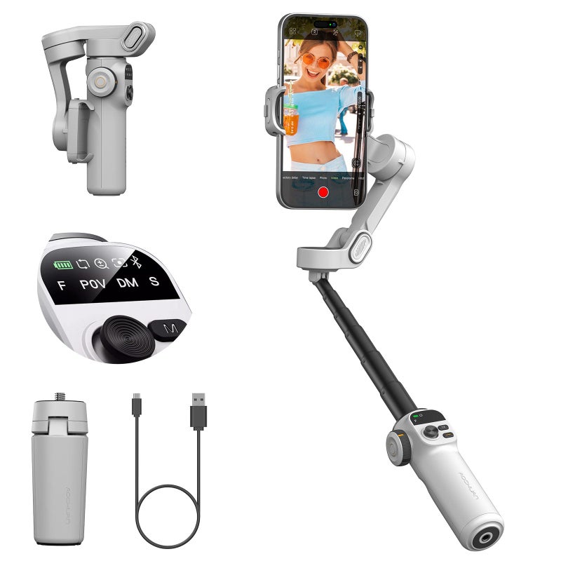 AOCHUAN Smart X2 Gimbal Stabilizer for iPhone, Built-in 20cm Extension Rod, 3-axis Handheld Smartphone Gimbal, Foldable Phone Tracking Tripod Selfie Stick w/OLED Display, Video Recording, White - Image 1