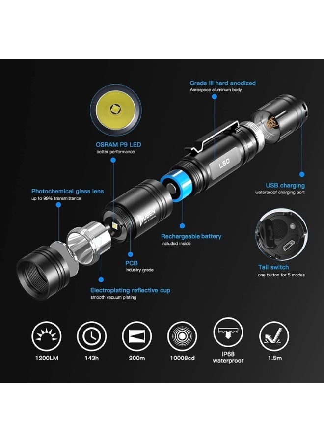 WUBEN Flashlight Rechargeable WUBEN L50 LED Torch Light, 1200 High Lumen, Tactical Flashlight IP68 Waterproof with 5 Modes Super Bright, EDC Handheld for Home Camping Emergencies, Tool Gifts, Hiking - Image 3