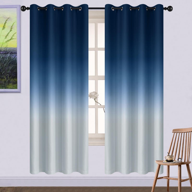 Yakamok 72 Inch Length Ombre Curtains Light Blocking Grommet Window DrapesRoom Darkening Gradient Color Curtains for Bedroom Blue and Greyish White 52x72 Inch Set of 2