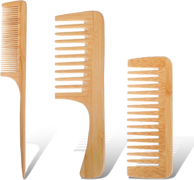 3Pcs Natural Bamboo Comb for Women Wide Tooth Wooden Comb for Curls Rat Tail Beard Combs Set for Thick Thin Straight Hair Women Men Barber Styling Curly Teasing Parting Mustache