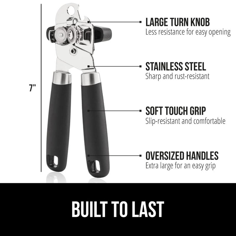 GORILLA GRIP Heavy Duty Stainless Steel Smooth Edge Manual Can Opener, Soft Comfortable Handle, Large Handheld Turn Knob, Built-In Bottle Openers, US Designed, Holiday Prep Kitchen Essential, Black - Image 2