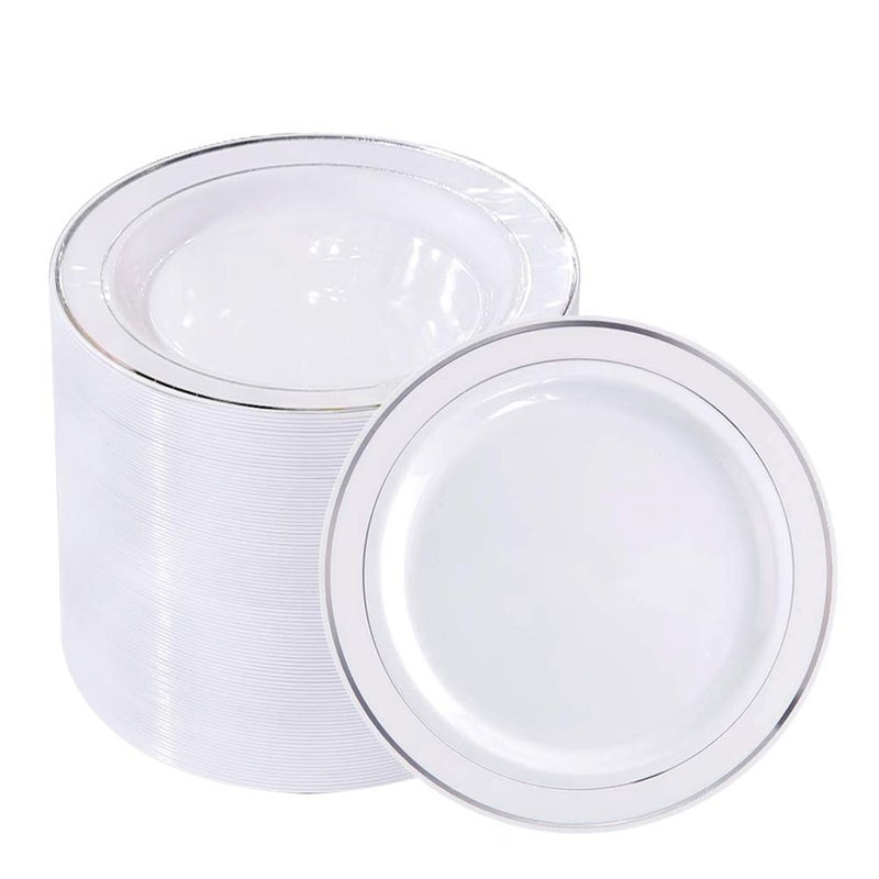 bUCLA 100Pieces Silver Plastic Plates  625inch White with Silver Rim Disposable SaladDessertAppetizerSmall Cake Plates for Weddings PartiesGathering
