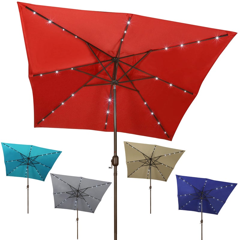 Blissun Square Patio Umbrella with 28 LED Lights, Solar Umbrella Table Market Umbrella with Tilt and Crank Outdoor Umbrella for Garden, Deck, Backyard, Pool and Beach, Red - Image 1