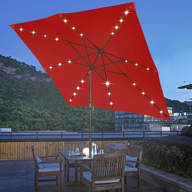 Blissun Square Patio Umbrella with 28 LED Lights, Solar Umbrella Table Market Umbrella with Tilt and Crank Outdoor Umbrella for Garden, Deck, Backyard, Pool and Beach, Red - Image 5