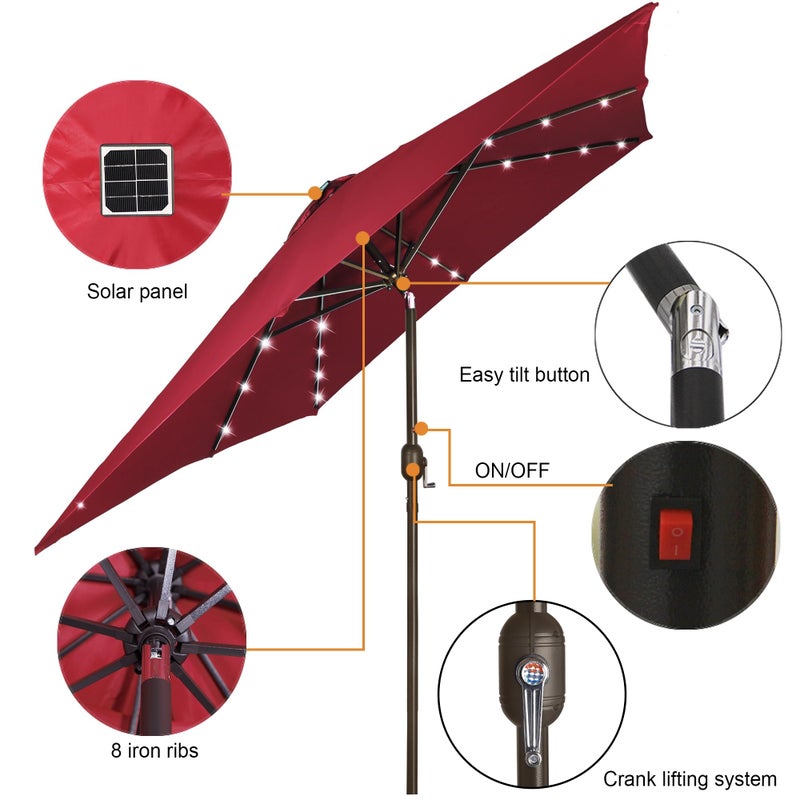 Blissun Square Patio Umbrella with 28 LED Lights, Solar Umbrella Table Market Umbrella with Tilt and Crank Outdoor Umbrella for Garden, Deck, Backyard, Pool and Beach, Red - Image 2