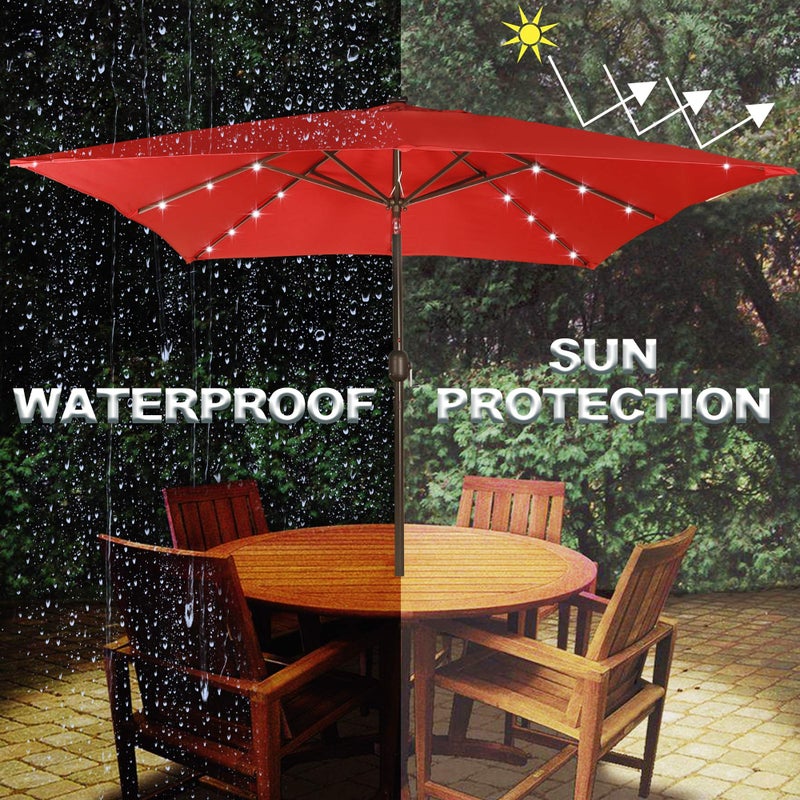 Blissun Square Patio Umbrella with 28 LED Lights, Solar Umbrella Table Market Umbrella with Tilt and Crank Outdoor Umbrella for Garden, Deck, Backyard, Pool and Beach, Red - Image 4