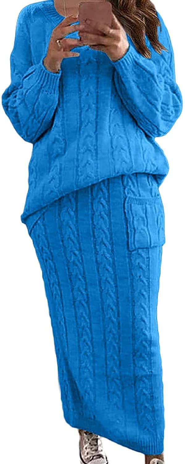 CHARTOU Womens Winter Chunky Cable Knit Long Skirt 2 Piece Outfit Sweater Sets Large Bright Blue