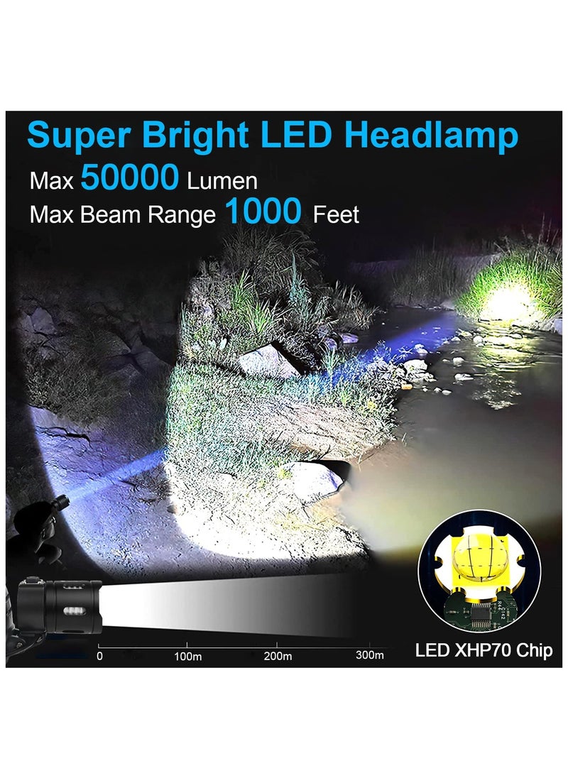 ZLH HITY LED Headlamp Flashlight, Super Bright 50000 Lumens Rechargeable Headlamp with 3 Modes & IP65 Waterproof Zoomable Head Lamp, 90° Adjustable for Outdoor Camping Fishing  - Image 2