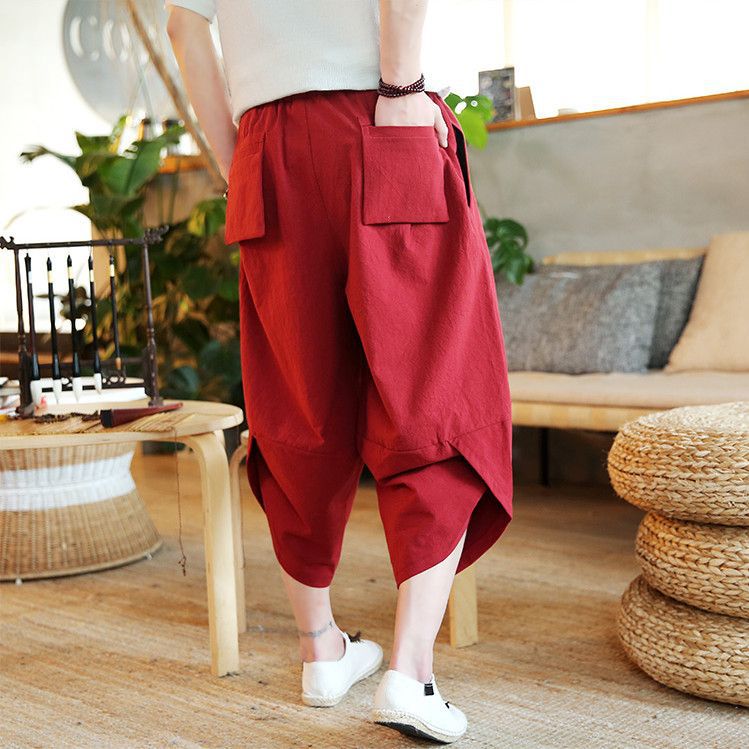 Linen Beach Pants Mens Loose plus size Thai Wide-leg Cropped Pants Casual Chinese Style Cotton and Linen 7-point Harlan Trendy Pants Lotus  - Image 3