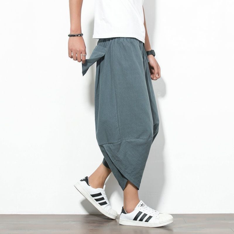 Linen Beach Pants Mens Loose plus size Thai Wide-leg Cropped Pants Casual Chinese Style Cotton and Linen 7-point Harlan Trendy Pants Lotus  - Image 2