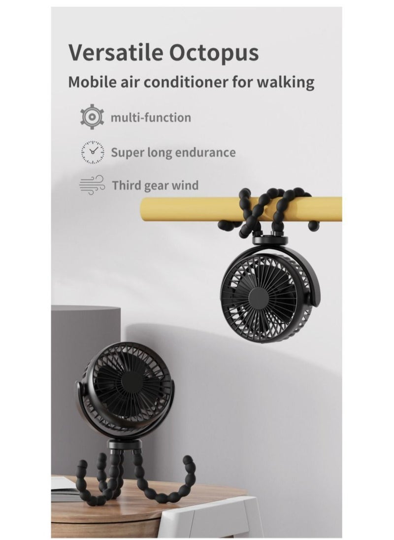 NIBEMINENT - Baby Stroller Fan 5200mAh Oscillating Mini Portable With Lights 3 Speeds Battery Operated 360° Rotate Flexible Tripod Small Clip On Handheld Desk For Car Seat Crib Travel Black - Image 1