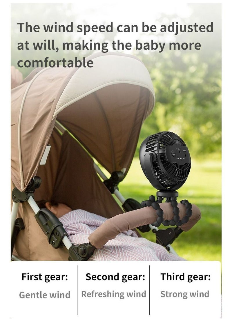 NIBEMINENT - Baby Stroller Fan 5200mAh Oscillating Mini Portable With Lights 3 Speeds Battery Operated 360° Rotate Flexible Tripod Small Clip On Handheld Desk For Car Seat Crib Travel Black - Image 1