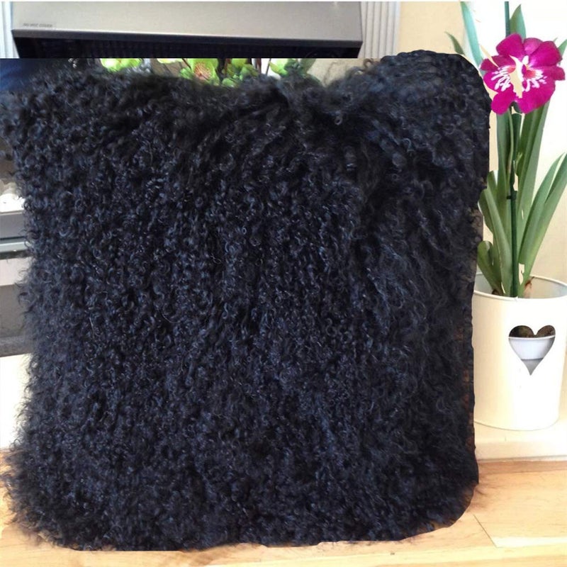 Seek4comfortable Black Mongolian Fur Pillow Real Tibetan Mongolian Lamb Sheepskin Wool Fur Super Soft Plush Leather Pillowcase Cushion Cover16 x 16 in