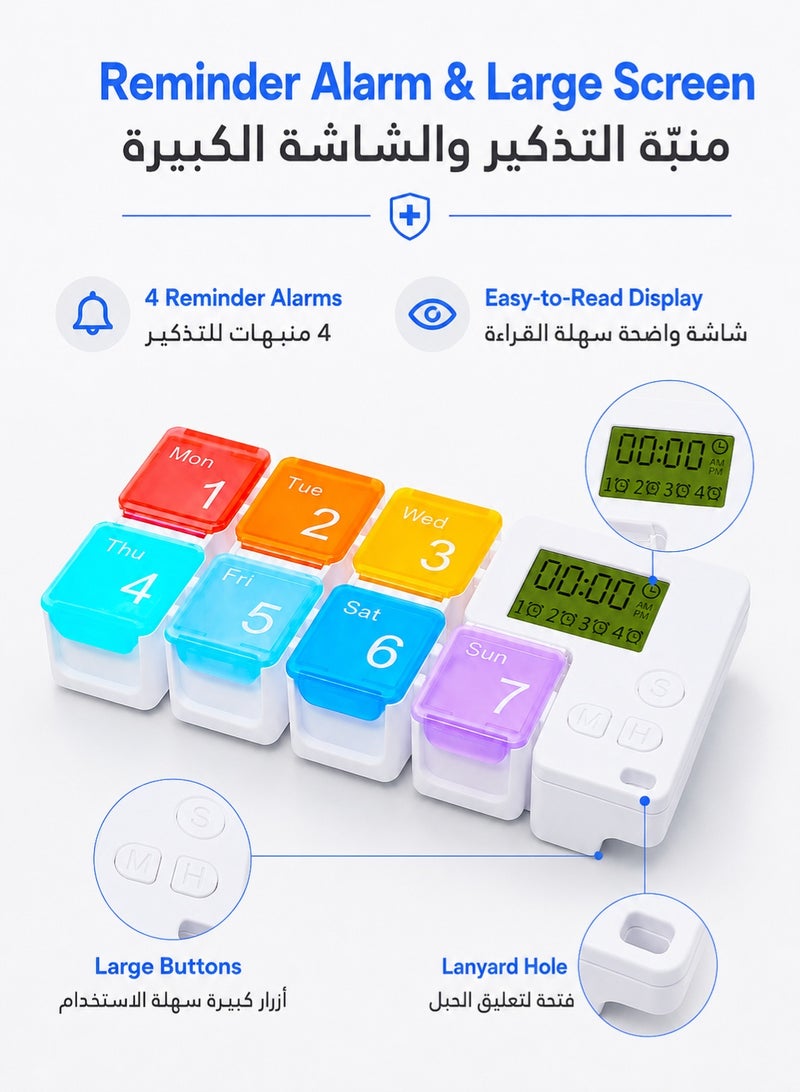 7 Day Medicine Pill Organizer, 4 Reminder Alarms, Loud Sound, 7 Large Compartments, Large Screen, Moisture-Proof, Dust-Proof, Travel Weekly/Daily Pill Box/Organizer/Case/Container/Dispenser, TBSoon - Image 2