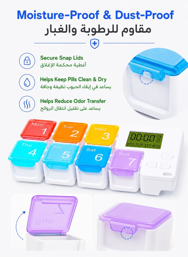 7 Day Medicine Pill Organizer, 4 Reminder Alarms, Loud Sound, 7 Large Compartments, Large Screen, Moisture-Proof, Dust-Proof, Travel Weekly/Daily Pill Box/Organizer/Case/Container/Dispenser, TBSoon - Image 4