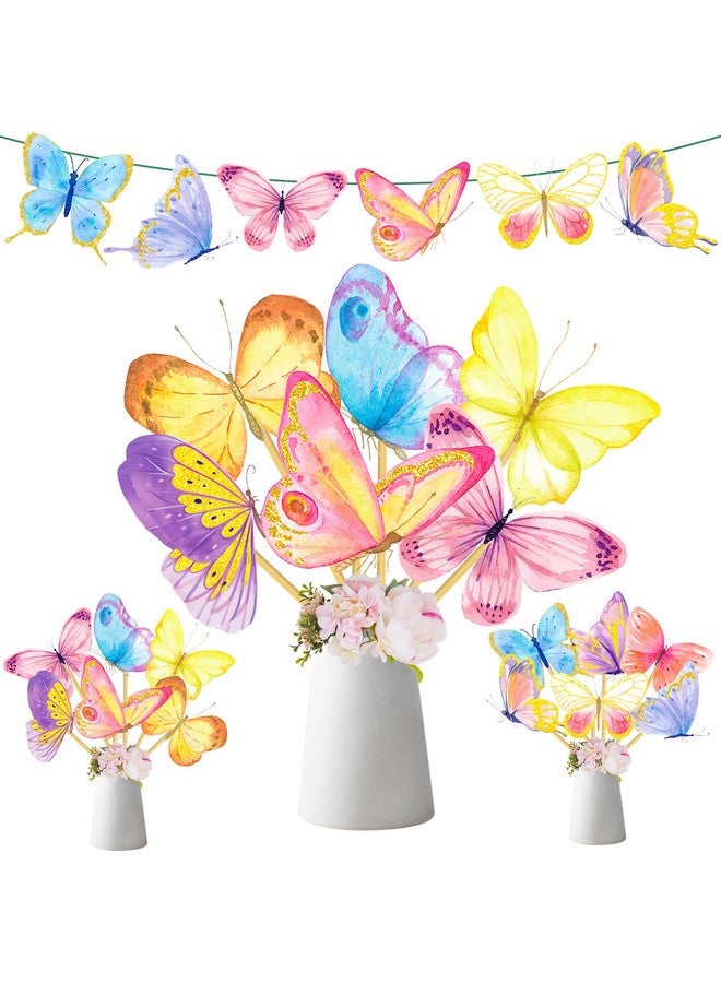 اوموني فراشة الطرف الجدول المركزية العصي الديكور 24 قطعة الملونة فراشة الجدول القبعات العالية للفراشة استحمام الطفل القطع المركزية الديكور الربيع موضوع حفلة عيد ميلاد لوازم - Image 1