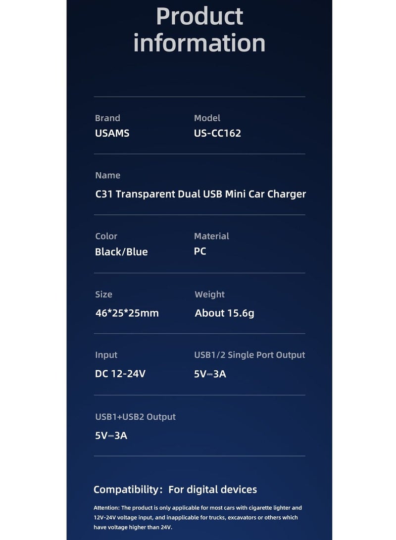 Usams Transparent Dual USB A+A Mini Car Charger  - Image 5