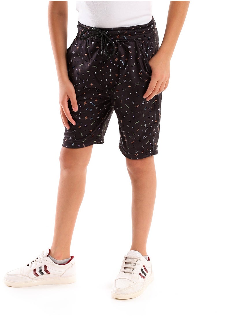 Andora - Patterned Elastic Waist Cotton Short - Black - Image 1