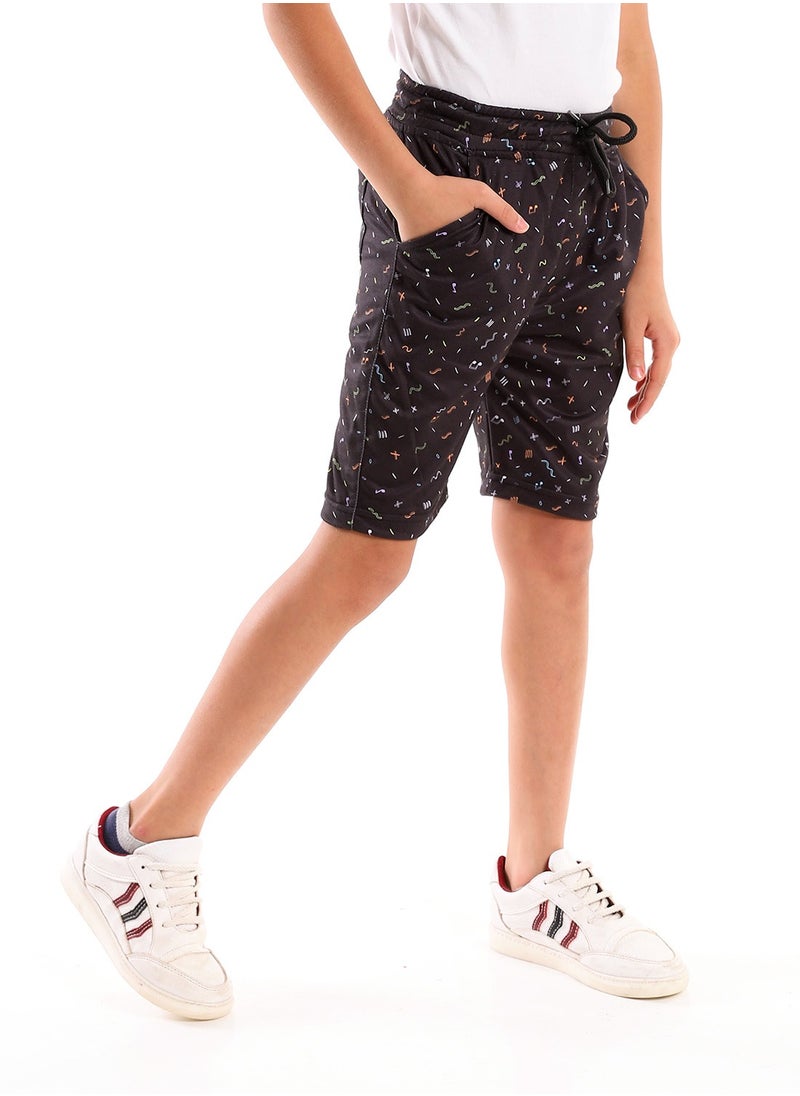 Andora - Patterned Elastic Waist Cotton Short - Black - Image 1