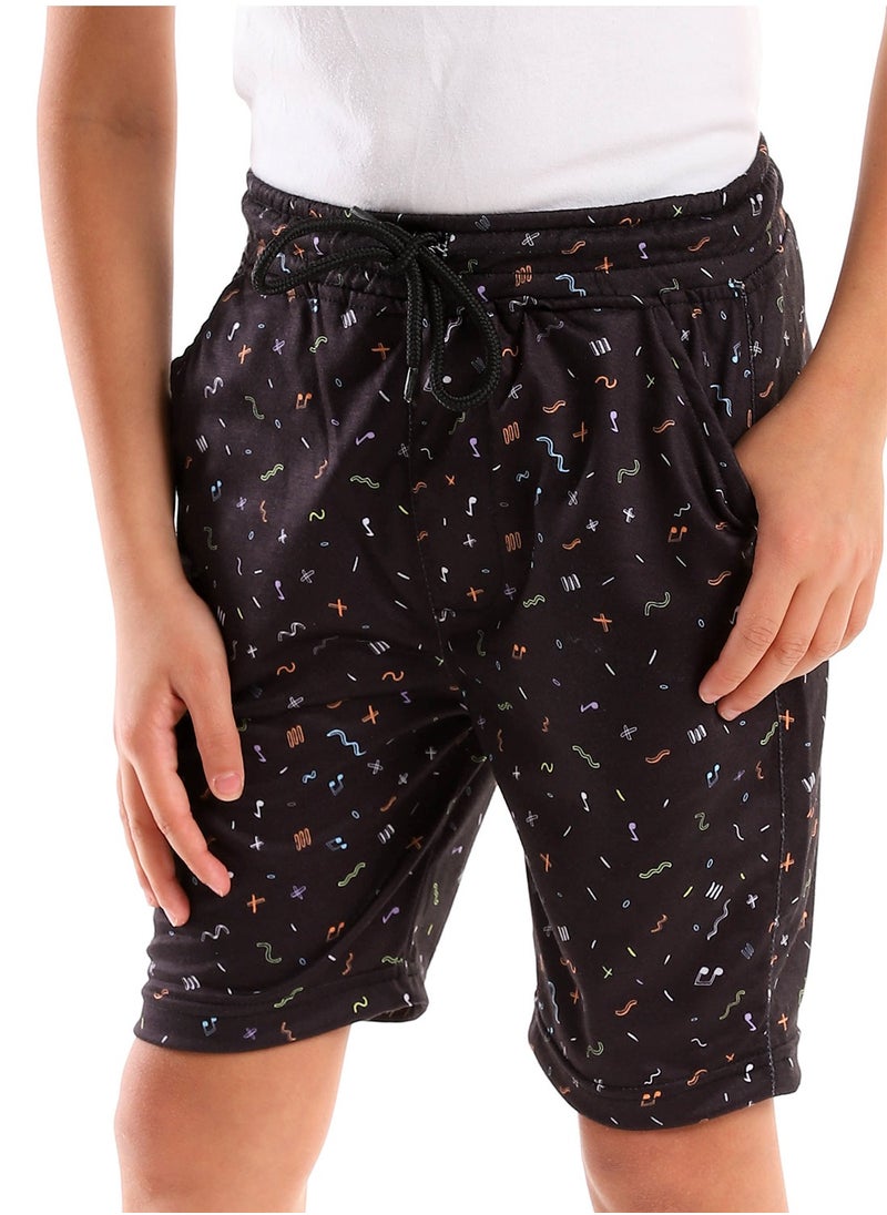 Andora - Patterned Elastic Waist Cotton Short - Black - Image 1