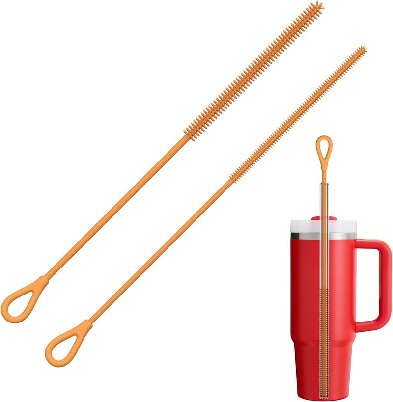 YOTIME Silicone Straw Cleaner Brush, 2Pcs Reusable Straw Brush Extra Long for Cleaning Tumbler with Handle and Glass Metal Smoothie Straws, Non-slip Handle Soft and Bendable, 6mm+9mm, Orange - Image 1