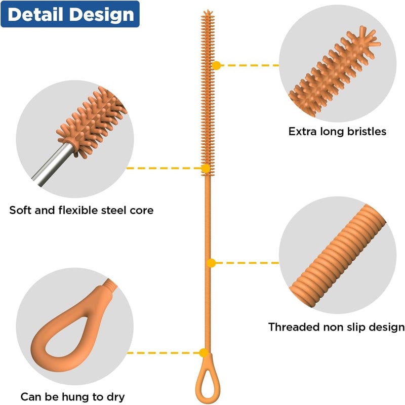 YOTIME Silicone Straw Cleaner Brush, 2Pcs Reusable Straw Brush Extra Long for Cleaning Tumbler with Handle and Glass Metal Smoothie Straws, Non-slip Handle Soft and Bendable, 6mm+9mm, Orange - Image 3