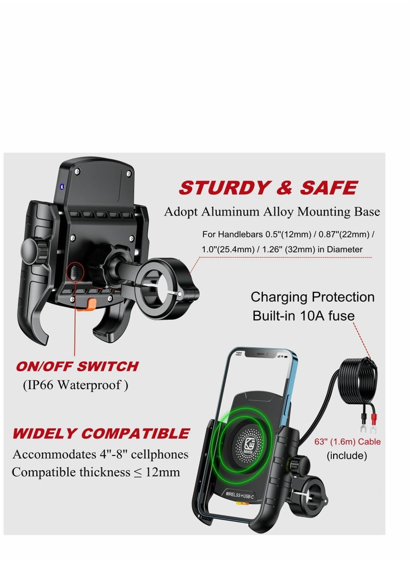 SYOSI Motorcycle Phone Mount with Qi 15W Wireless Charger & USB C 20W Fast Charging Port,Anti-Slip Aluminum Alloy Mounting Base IP66 Waterproof Handlebar Cell Phone Holder for 4"-8" Cellphone  - Image 4