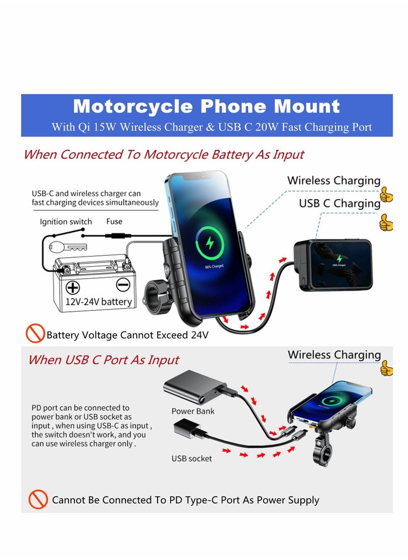 SYOSI Motorcycle Phone Mount with Qi 15W Wireless Charger & USB C 20W Fast Charging Port,Anti-Slip Aluminum Alloy Mounting Base IP66 Waterproof Handlebar Cell Phone Holder for 4"-8" Cellphone  - Image 2