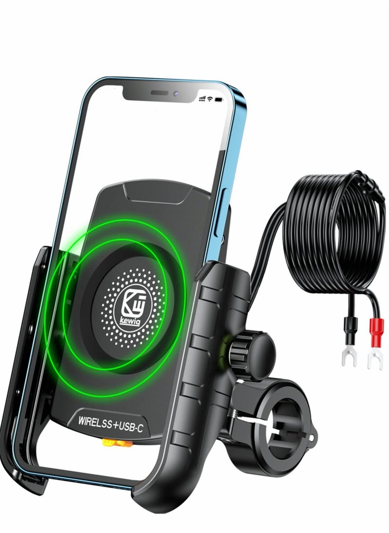 SYOSI Motorcycle Phone Mount with Qi 15W Wireless Charger & USB C 20W Fast Charging Port,Anti-Slip Aluminum Alloy Mounting Base IP66 Waterproof Handlebar Cell Phone Holder for 4"-8" Cellphone  - Image 1