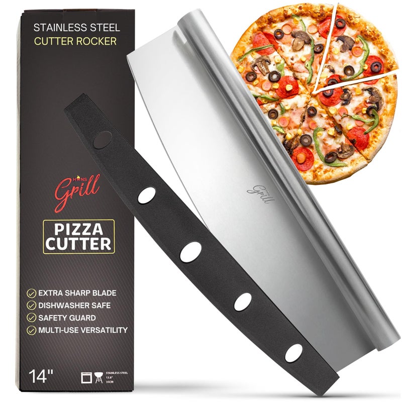 Pizza Cutter Rocker Blade By Hans Grill 14 Large Pizza Slicer Sharp  Stainless Steel Rocking Pizza Knife Cutter  Professional Nonstick Pizza Cutter Rocker Knife With Safety Cover  Dishwasher Safe