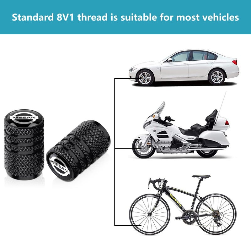 BFIVEANTE Tire Valve Stem Caps for Nissan Metal Car Wheel Air caps Auto Valve Stem Caps Accessories 4 Pcs Black - Image 5