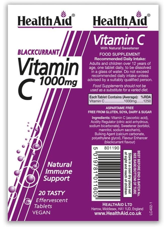 HealthAid Vitamin C 1000mg - Effervescent (Blackcurrant Flavour) - 20 Tablets - Image 2