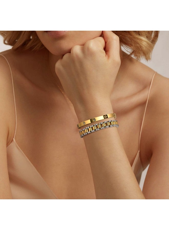 ام بيرينبو سوار من قطعتين من الذهب بسلسلة متصلة من إمبراينبو، سوار صداقة من الفولاذ المقاوم للصدأ والكريستال، سوار ساعة معصم بسلسلة مجوهرات مع أداة ضبط - Image 1