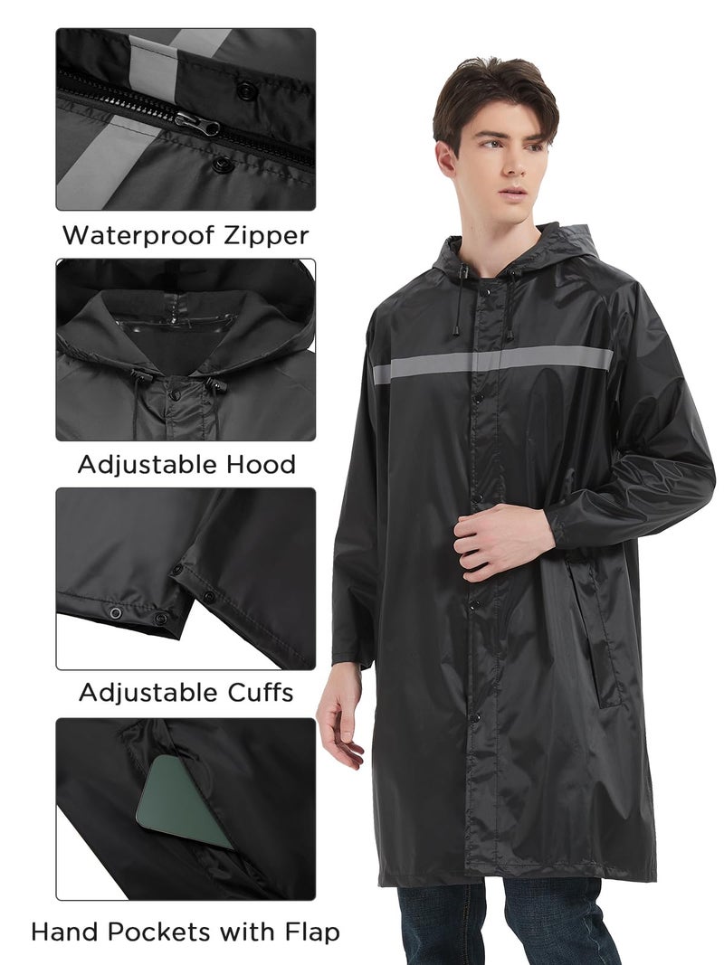ProHydra Mens Long Safety Rain Coats with Air Vents Reflective Stripes Waterproof Packable Work Rain Jacket with Hood Lightweight Emergency Raincoat Ponchos (Black,Large) - Image 5