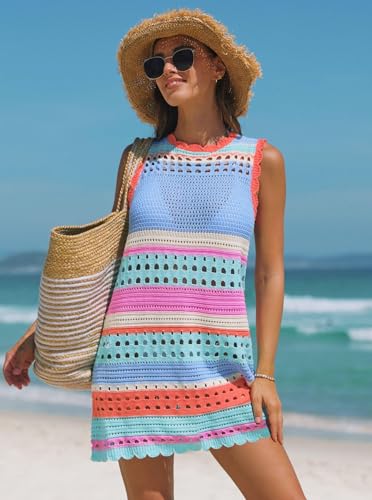 popvil Women’s Swimsuit Crochet Swim Cover Up 2026 Sleeveless Loose Bathing Suit Swimwear Mesh Knit Beach Dress,Blue, Large - Image 4