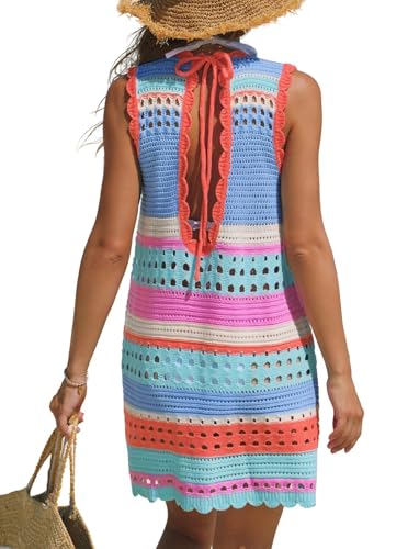 popvil Women’s Swimsuit Crochet Swim Cover Up 2026 Sleeveless Loose Bathing Suit Swimwear Mesh Knit Beach Dress,Blue, Large - Image 1