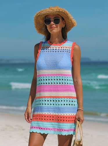 popvil Women’s Swimsuit Crochet Swim Cover Up 2026 Sleeveless Loose Bathing Suit Swimwear Mesh Knit Beach Dress,Blue, Large - Image 5
