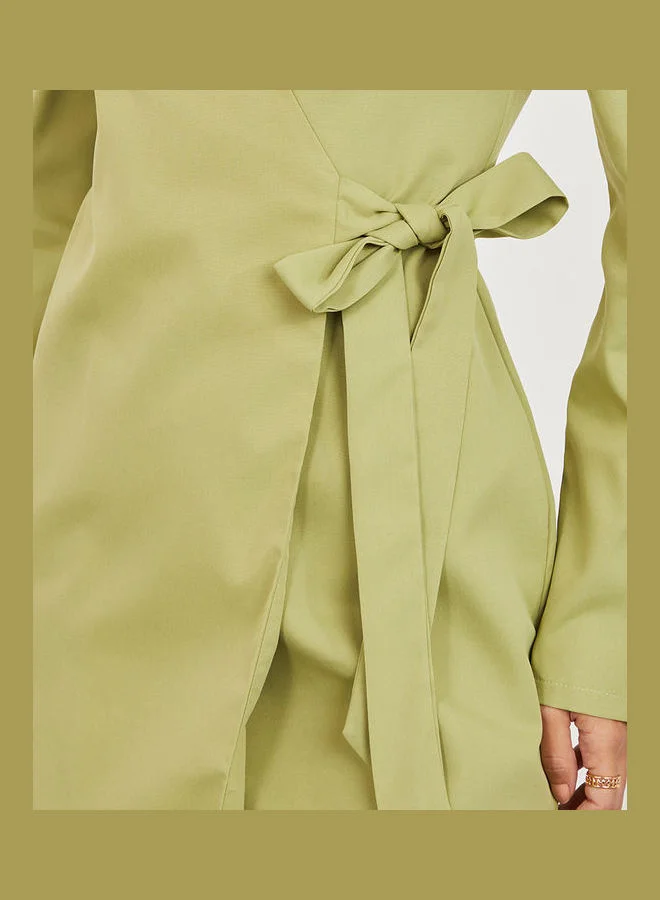 Styli Long Puff Sleeves Wrap Around Midi Dress