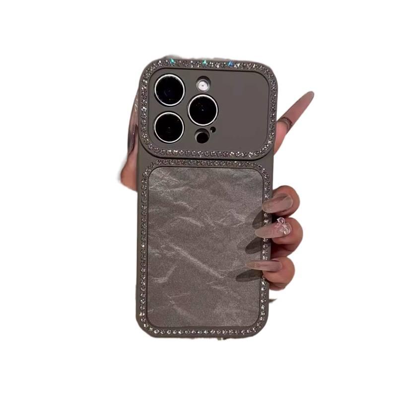 MS غطاء واقي بملمس جلد لـ iPhone 15 / 15 Plus / 15 Pro / 15 Pro Max مع نافذة كبيرة ومرصع بالألماس مع مقاوم للصدمات مع نقش جبل الثلج مع حماية من السقوط باللون رمادي باللون الرمادي - Image 1