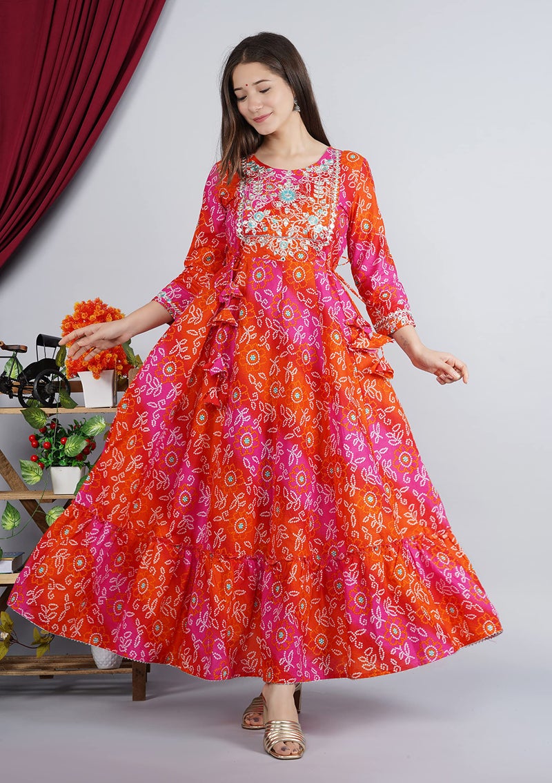 MEERA FAB Women's Cotton Printed Anarkali Regular Fit Embroidery Kurti(Red & Orange) (Small, Orange & Red) - Image 2