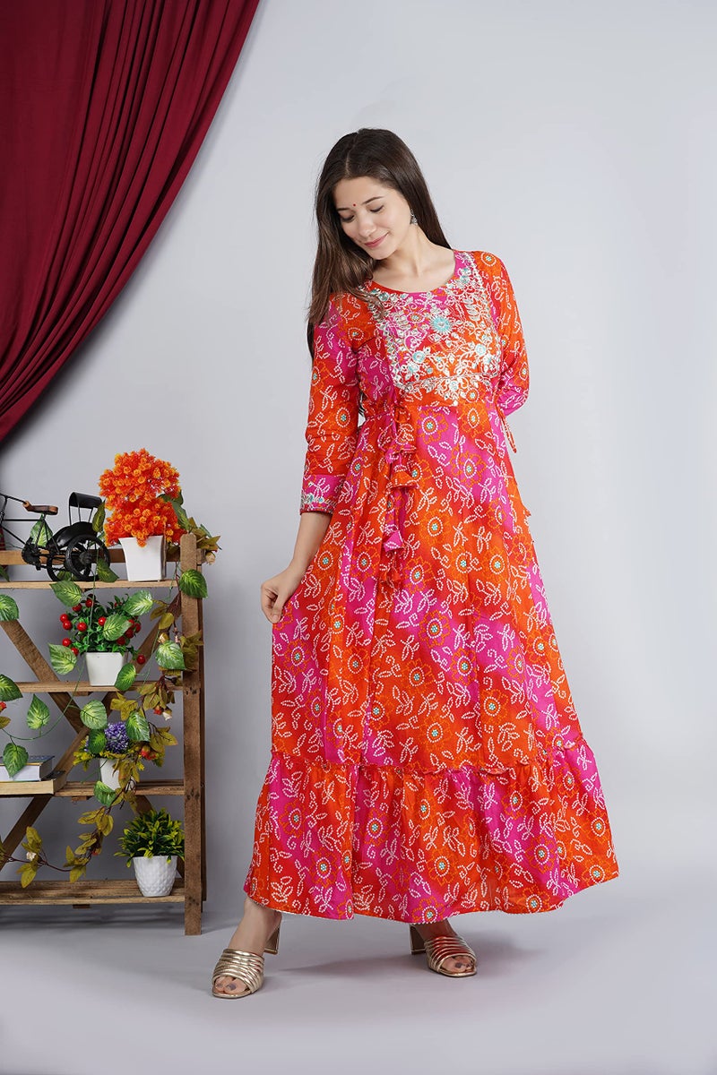 MEERA FAB Women's Cotton Printed Anarkali Regular Fit Embroidery Kurti(Red & Orange) (Small, Orange & Red) - Image 4